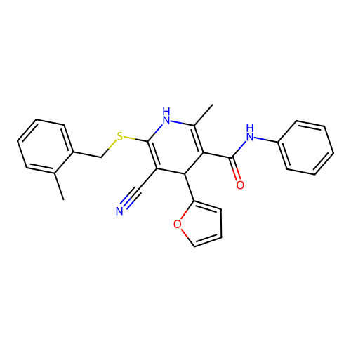 5-cyano-4-(furan-2-yl)-2-methyl-6-((2-methylbenzyl)thio)-N-phenyl-1,4-dihydropyridine-3-carboxamide structure