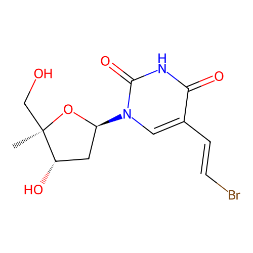 5-[(1E)-2-bromoethenyl]-2'-deoxy-4'-C-methyluridine structure