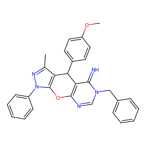 6-benzyl-4-(4-methoxyphenyl)-3-methyl-1-phenyl-4,6-dihydropyrazolo[4',3':5,6]pyrano[2,3-d]pyrimidin-5(1H)-imine structure
