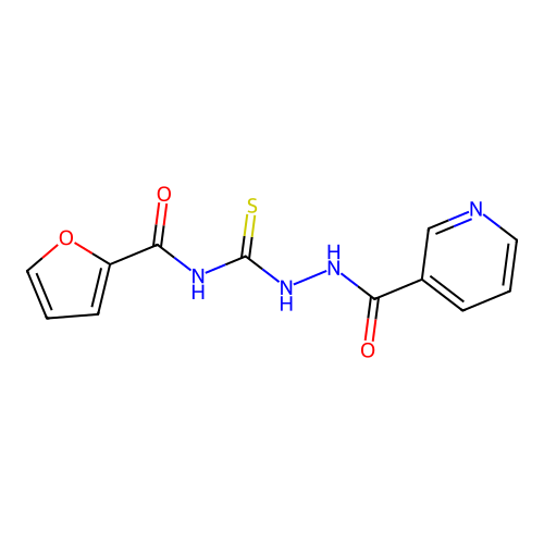 N-{[2-(pyridin-3-ylcarbonyl)hydrazinyl]carbonothioyl}furan-2-carboxamide structure