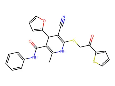 5-cyano-4-(furan-2-yl)-2-methyl-6-(2-oxo-2-thiophen-2-ylethyl)sulfanyl-N-phenyl-1,4-dihydropyridine-3-carboxamide structure