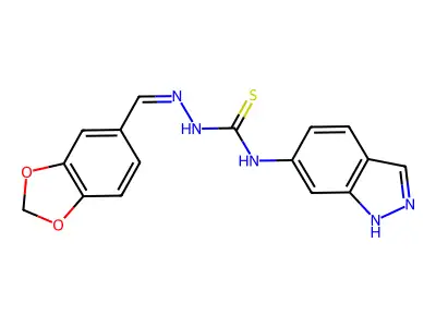 1-(1,3-benzodioxol-5-ylmethylideneamino)-3-(1H-indazol-6-yl)thiourea structure