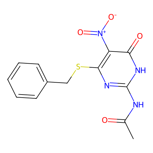 N-(4-benzylsulfanyl-5-nitro-6-oxo-1H-pyrimidin-2-yl)acetamide structure