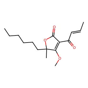 3-(But-2-enoyl)-5-hexyl-4-methoxy-5-methylfuran-2(5H)-one structure