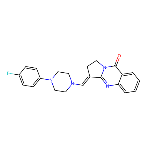 (3E)-3-[[4-(4-fluorophenyl)piperazin-1-yl]methylidene]-1,2-dihydropyrrolo[2,1-b]quinazolin-9-one structure