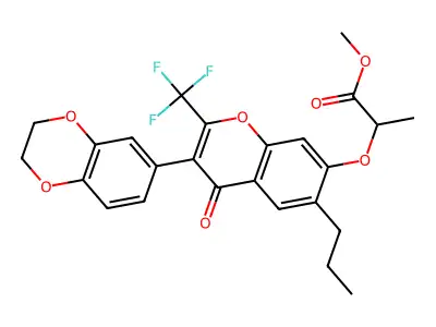 methyl 2-((3-(2,3-dihydrobenzo[b][1,4]dioxin-6-yl)-4-oxo-6-propyl-2-(trifluoromethyl)-4H-chromen-7-yl)oxy)propanoate structure