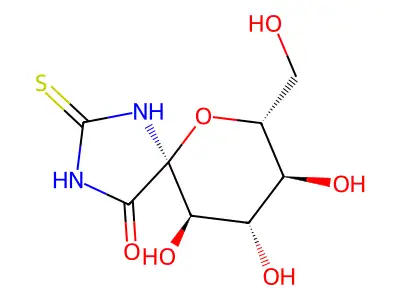 8,9,10-Trihydroxy-7-(hydroxymethyl)-2-sulfanylidene-6-oxa-1,3-diazaspiro[4.5]decan-4-one structure