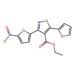 4-Isoxazolecarboxylic acid, 5-(2-furyl)-3-(5-nitro-2-furyl)-, ethyl ester structure