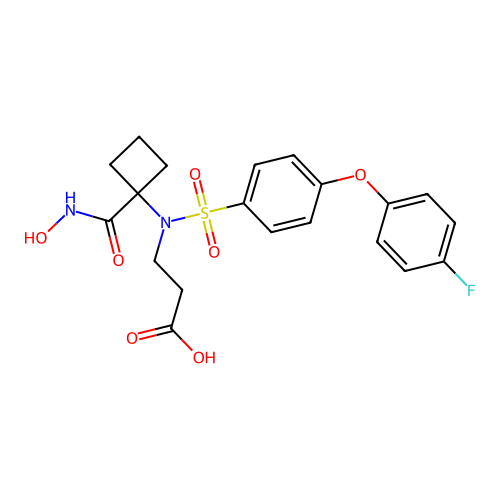 3-[[4-(4-Fluoro-phenoxy)-benzenesulfonyl]-(1-hydroxycarbamoyl-cyclobutyl)-amino]-propionic acid structure