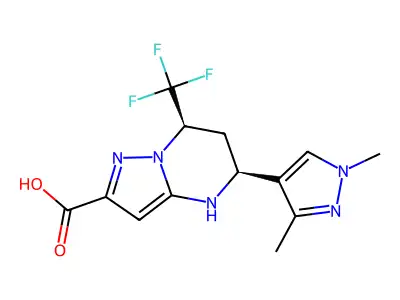 (5S,7R)-5-(1,3-Dimethylpyrazol-4-yl)-7-(trifluoromethyl)-4,5,6,7-tetrahydropyrazolo[1,5-a]pyrimidine-2-carboxylic acid structure