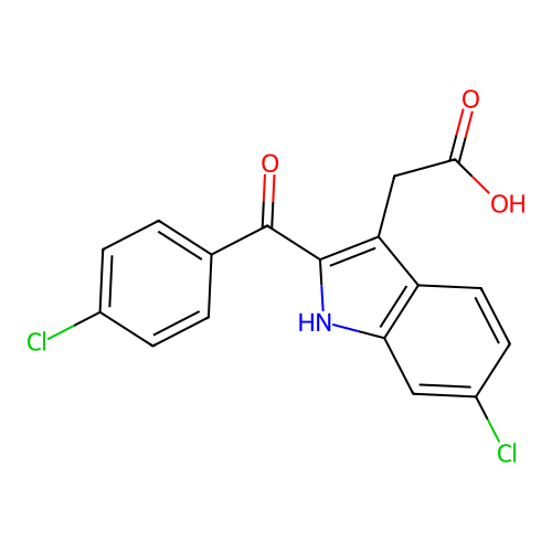 (6-chloro-2-(4-chlorobenzoyl)-1H-indol-3-yl)acetic acid structure