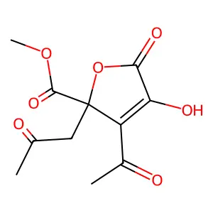 Methyl 3-acetyl-2,5-dihydro-4-hydroxy-5-oxo-2-(2-oxopropyl)-2-furoate structure
