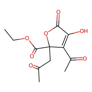 Ethyl 3-acetyl-2,5-dihydro-4-hydroxy-5-oxo-2-(2-oxopropyl)-2-furoate structure