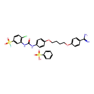 Benzenesulfonic acid--3-[({4-[4-(4-carbamimidoylphenoxy)butoxy]phenyl}carbamoyl)amino]-4-chlorobenzene-1-sulfonyl fluoride (1/1) structure