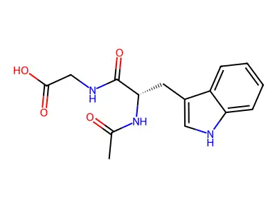 2-[(2S)-2-acetamido-3-(1H-indol-3-yl)propanamido]acetic acid structure