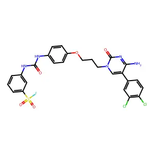 3-[[4-[3-[4-amino-5-(3,4-dichlorophenyl)-2-oxopyrimidin-1-yl]propoxy]phenyl]carbamoylamino]benzenesulfonyl fluoride structure