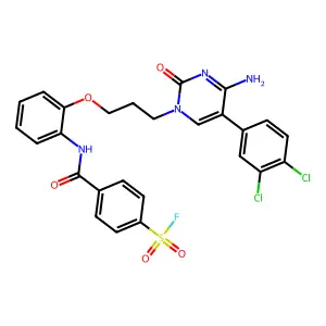 4-[[2-[3-[4-amino-5-(3,4-dichlorophenyl)-2-oxopyrimidin-1-yl]propoxy]phenyl]carbamoyl]benzenesulfonyl fluoride structure