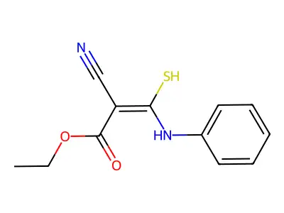 ethyl (E)-3-anilino-2-cyano-3-sulfanylprop-2-enoate structure