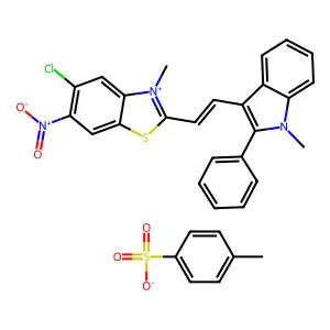 5-chloro-3-methyl-2-[2-(1-methyl-2-phenylindol-3-yl)ethenyl]-6-nitro-1,3-benzothiazol-3-ium;4-methylbenzenesulfonate structure