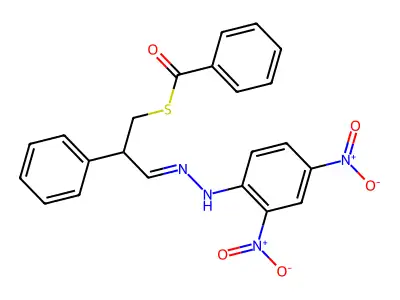 S-[3-[(2,4-dinitrophenyl)hydrazinylidene]-2-phenylpropyl] benzenecarbothioate structure