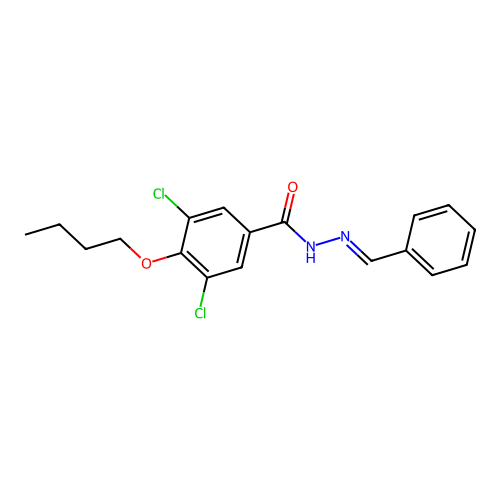 Benzoic acid, 4-butoxy-3,5-dichloro-, 2-benzylidenehydrazide structure