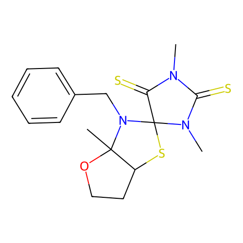 Spiro[furo[2,3-d]thiazole-2(3H),4'-imidazolidine]-2',5'-dithione, tetrahydro-1',3',3a-trimethyl-3-(phenylmethyl)- structure