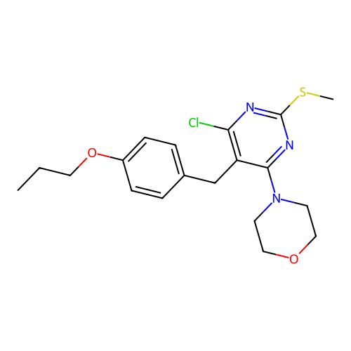 4-[6-Chloro-2-(methylsulfanyl)-5-(4-propoxybenzyl)pyrimidin-4-yl]morpholine structure