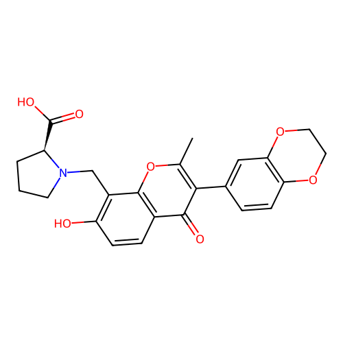 (2S)-1-[[3-(2,3-dihydro-1,4-benzodioxin-6-yl)-7-hydroxy-2-methyl-4-oxochromen-8-yl]methyl]pyrrolidine-2-carboxylic acid structure