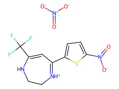 5-(5-nitrothiophen-2-yl)-7-(trifluoromethyl)-2,3-dihydro-1H-1,4-diazepin-4-ium nitrate structure