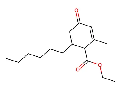 Ethyl 6-hexyl-2-methyl-4-oxocyclohex-2-ene-1-carboxylate structure