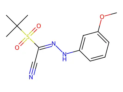 1-tert-butylsulfonyl-N-(3-methoxyanilino)methanimidoyl cyanide structure