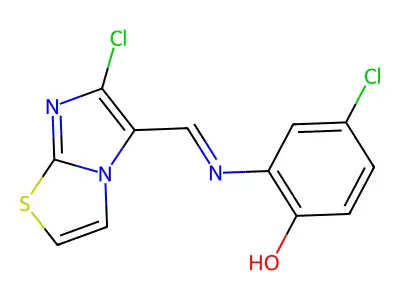 4-Chloro-2-{[(6-chloroimidazo[2,1-b][1,3]thiazol-5-yl)methylene]amino}benzenol structure