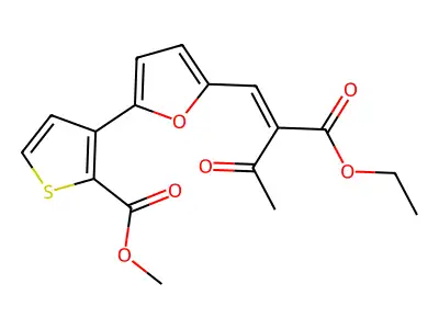Methyl 3-[5-(2-ethoxycarbonyl-3-oxobut-1-enyl)furan-2-yl]thiophene-2-carboxylate structure