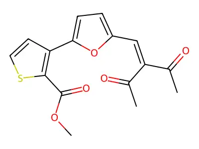 Methyl 3-[5-(2-acetyl-3-oxo-1-butenyl)-2-furyl]-2-thiophenecarboxylate structure