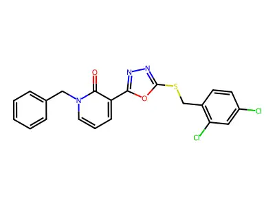 1-benzyl-3-{5-[(2,4-dichlorobenzyl)sulfanyl]-1,3,4-oxadiazol-2-yl}-2(1H)-pyridinone structure
