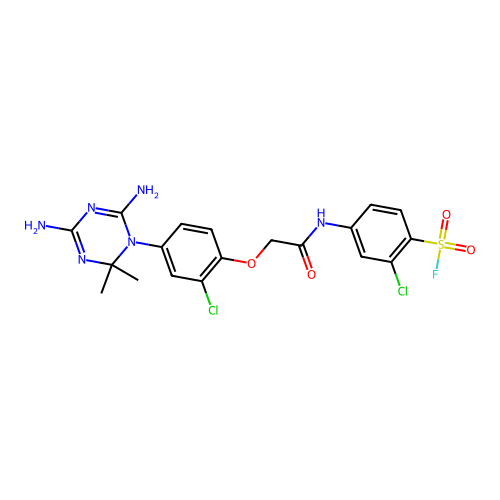 2-chloro-4-({[2-chloro-4-(4,6-diamino-2,2-dimethyl-1,3,5-triazin-1(2H)-yl)phenoxy]acetyl}amino)benzenesulfonyl fluoride structure