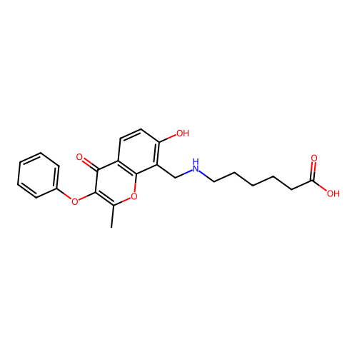 6-(((7-hydroxy-2-methyl-4-oxo-3-phenoxy-4H-chromen-8-yl)methyl)amino)hexanoic acid structure