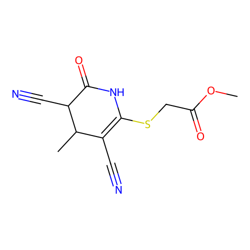 Methyl [(3,5-dicyano-6-hydroxy-4-methyl-4,5-dihydropyridin-2-yl)sulfanyl]acetate structure
