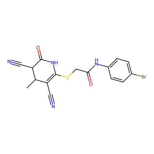 N-(4-bromophenyl)-2-((3,5-dicyano-4-methyl-6-oxo-1,4,5,6-tetrahydropyridin-2-yl)thio)acetamide structure
