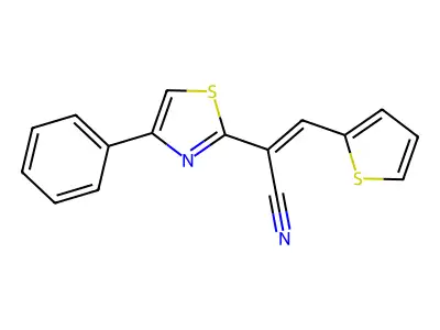 (E)-2-(4-phenylthiazol-2-yl)-3-(thiophen-2-yl)acrylonitrile structure