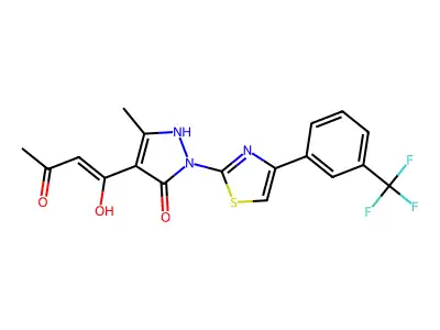 3-hydroxy-1-(5-hydroxy-3-methyl-1-{4-[3-(trifluoromethyl)phenyl]-1,3-thiazol-2-yl}-1H-pyrazol-4-yl)-2-buten-1-one structure