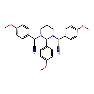 2-[3-[cyano-(4-methoxyphenyl)methyl]-2-(4-methoxyphenyl)-1,3-diazinan-1-yl]-2-(4-methoxyphenyl)acetonitrile structure