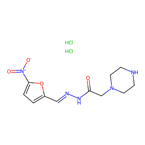 2-Furaldehyde, 5-nitro-, (piperazinylacetyl)hydrazone, dihydrochloride structure