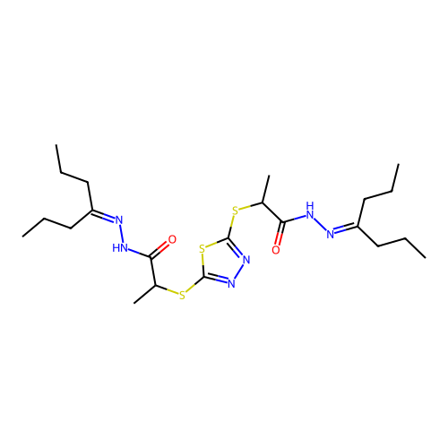 2,2'-(1,3,4-thiadiazole-2,5-diyldisulfanediyl)bis[N'-(heptan-4-ylidene)propanehydrazide] structure