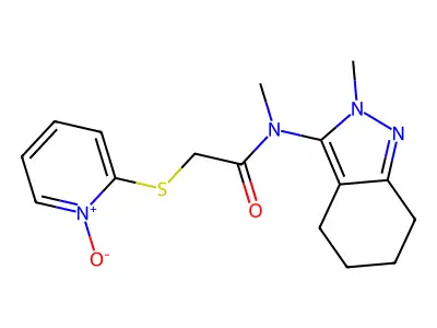 2-({2-[methyl(2-methyl-4,5,6,7-tetrahydro-2H-indazol-3-yl)amino]-2-oxoethyl}thio)pyridinium-1-olate structure