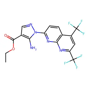 ethyl 5-amino-1-[5,7-bis(trifluoromethyl)[1,8]naphthyridin-2-yl]-1H-pyrazole-4-carboxylate structure