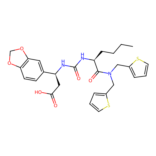 (3S)-3-(1,3-benzodioxol-5-yl)-3-[[(2S)-1-[bis(thiophen-2-ylmethyl)amino]-1-oxohexan-2-yl]carbamoylamino]propanoic acid structure