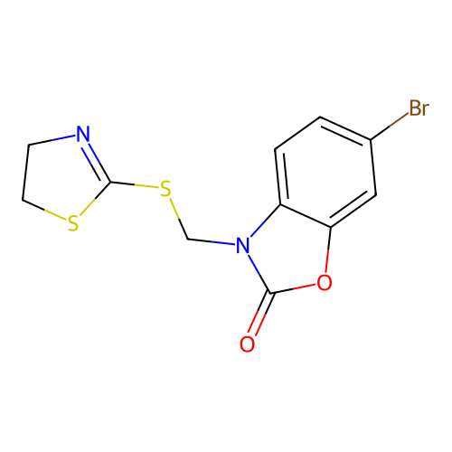 6-Bromo-3-(4,5-dihydro-thiazol-2-ylsulfanylmethyl)-3H-benzooxazol-2-one structure