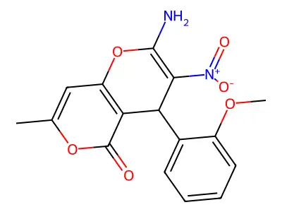 2-amino-4-(2-methoxyphenyl)-7-methyl-3-nitro-4H-pyrano[3,2-c]pyran-5-one structure