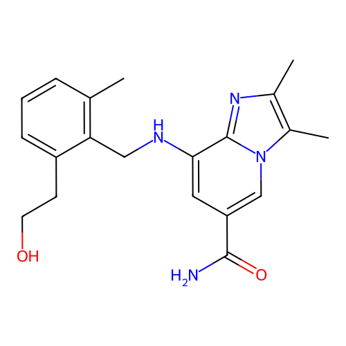 2,3-dimethyl-8-(2-(2-hydroxyethyl)-6-methylbenzylamino)-imidazo[1,2-a]pyridine-6-carboxamide structure